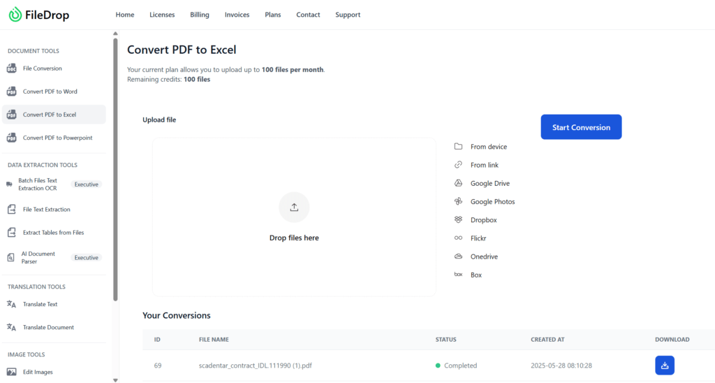 pdf to excel conversion filedrop app