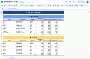 Create Renovation Budget Template in Google Sheets for Home Improvement Projects.