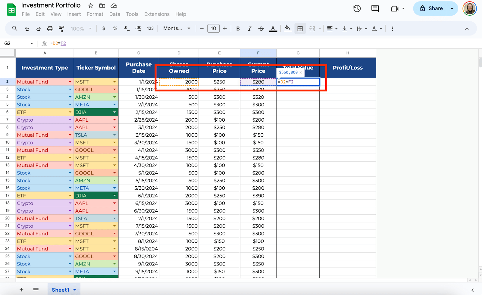 Automate Calculations for Total Value and Profit/Loss