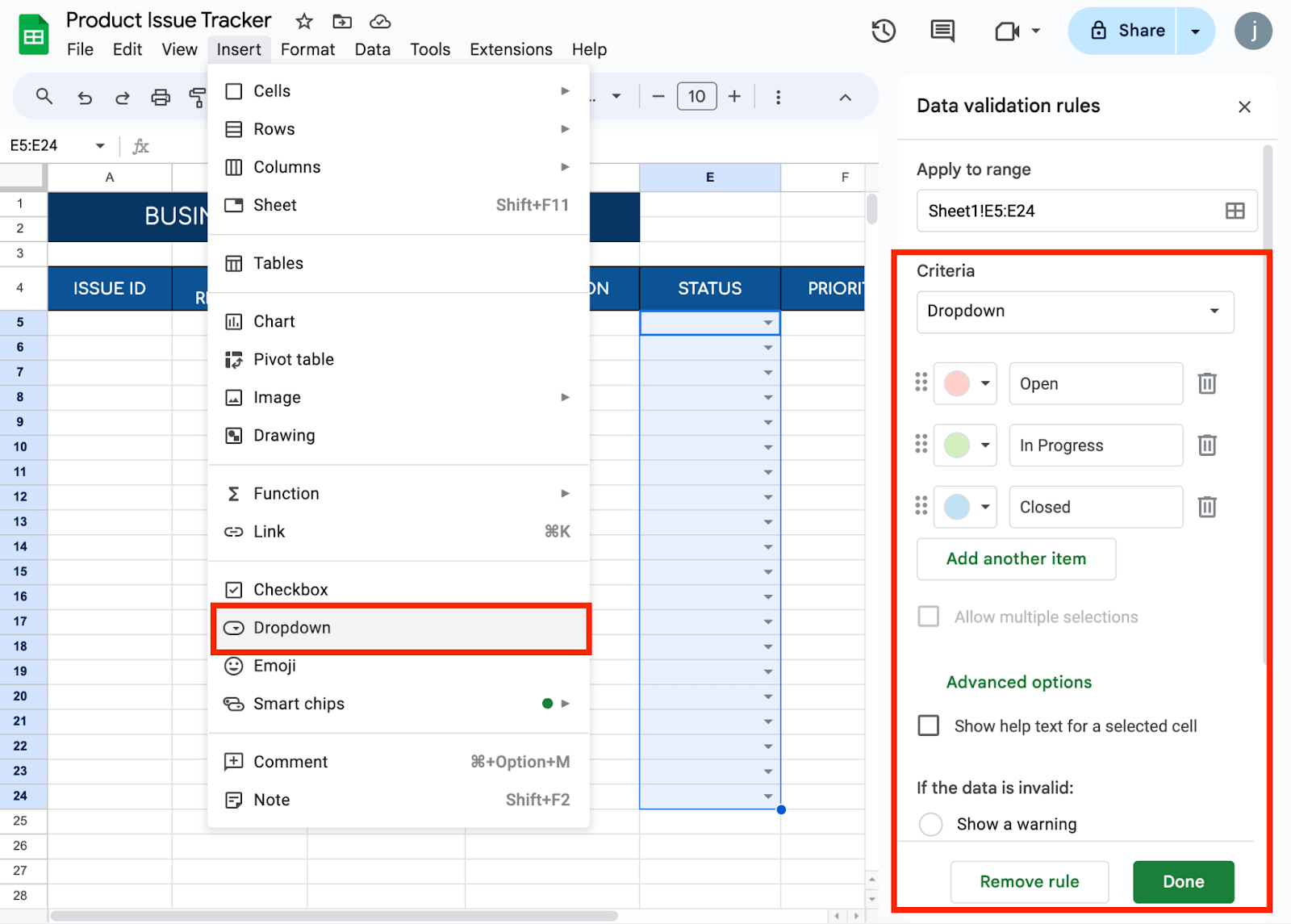 Add Drop-down Lists for Status and Priority