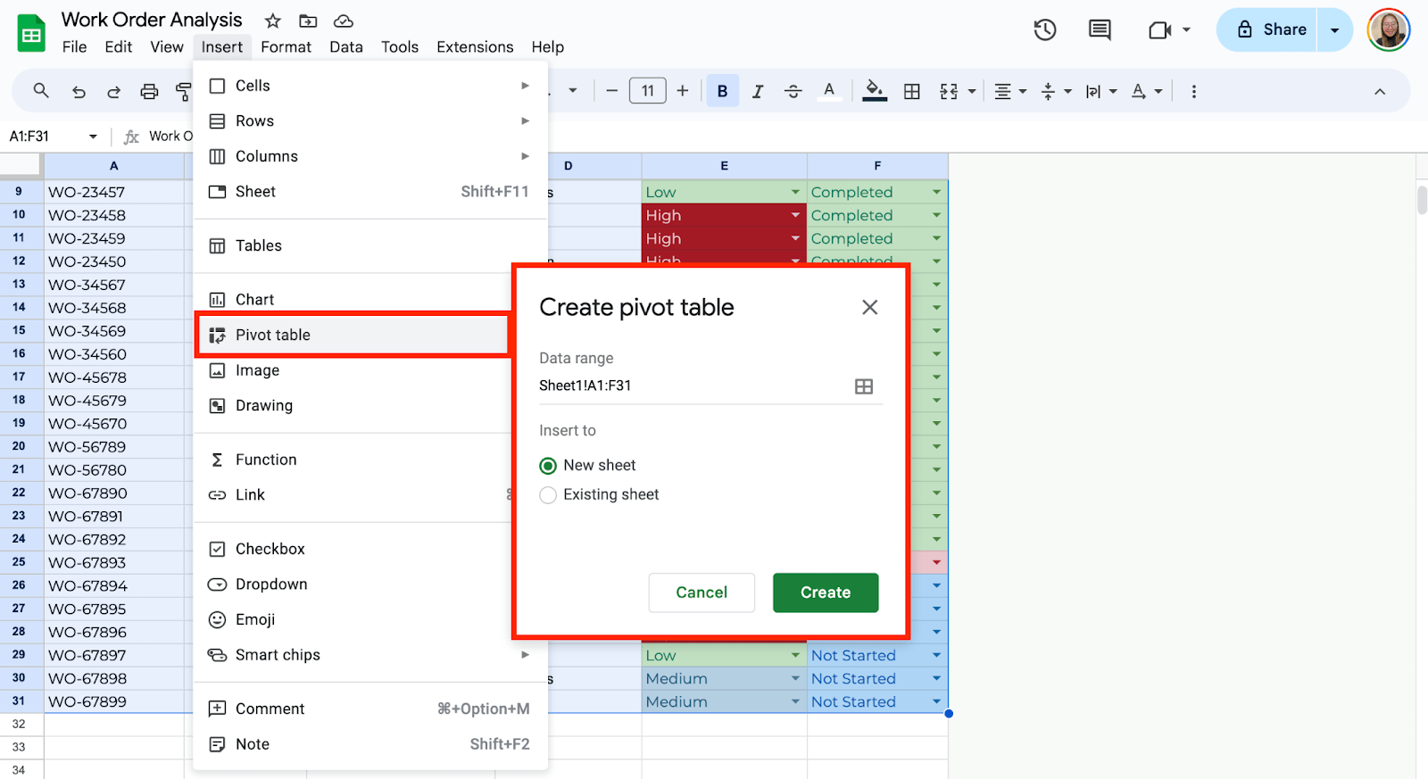 Insert a Pivot Table
