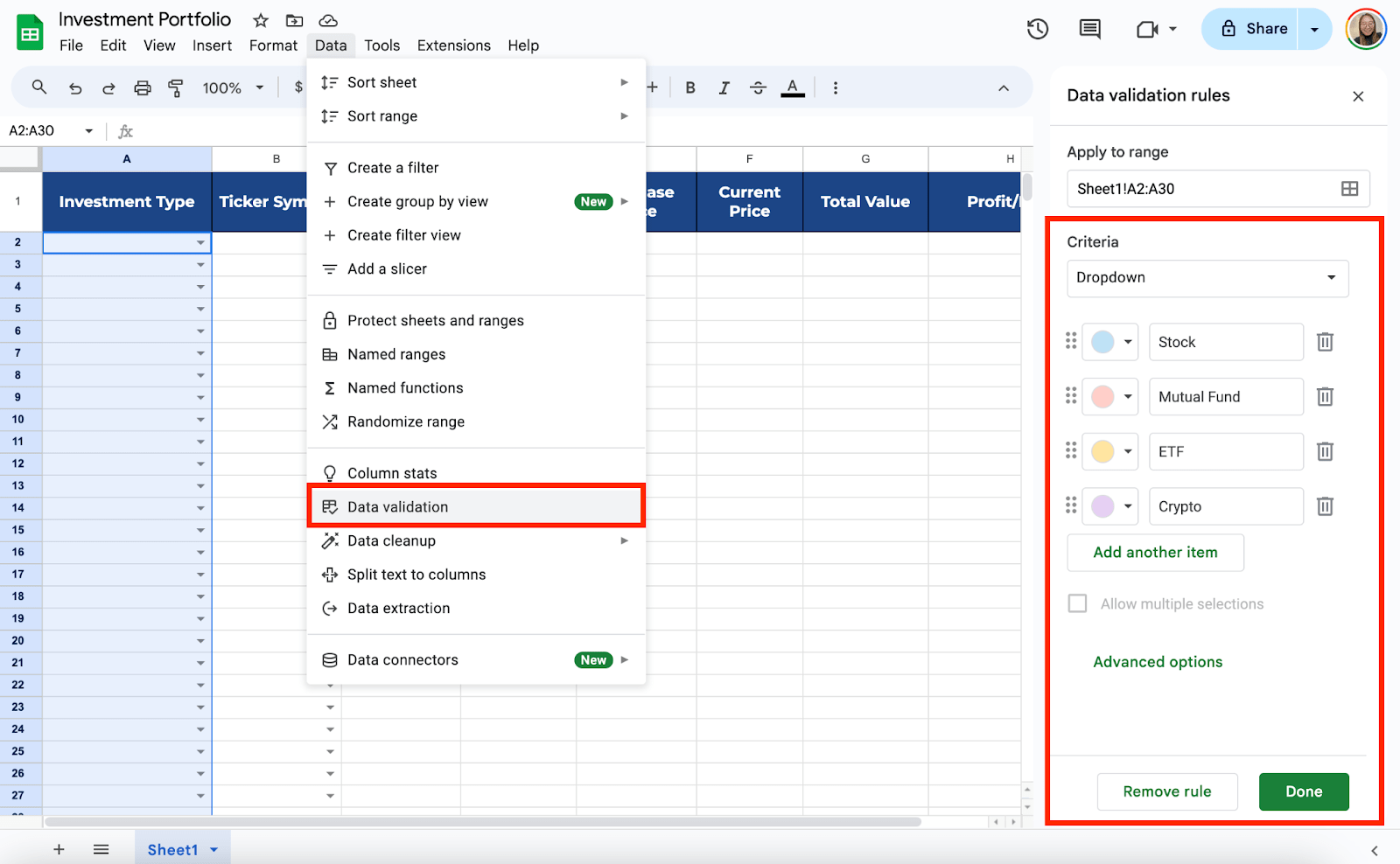 Set Up Dropdowns for Investment Types