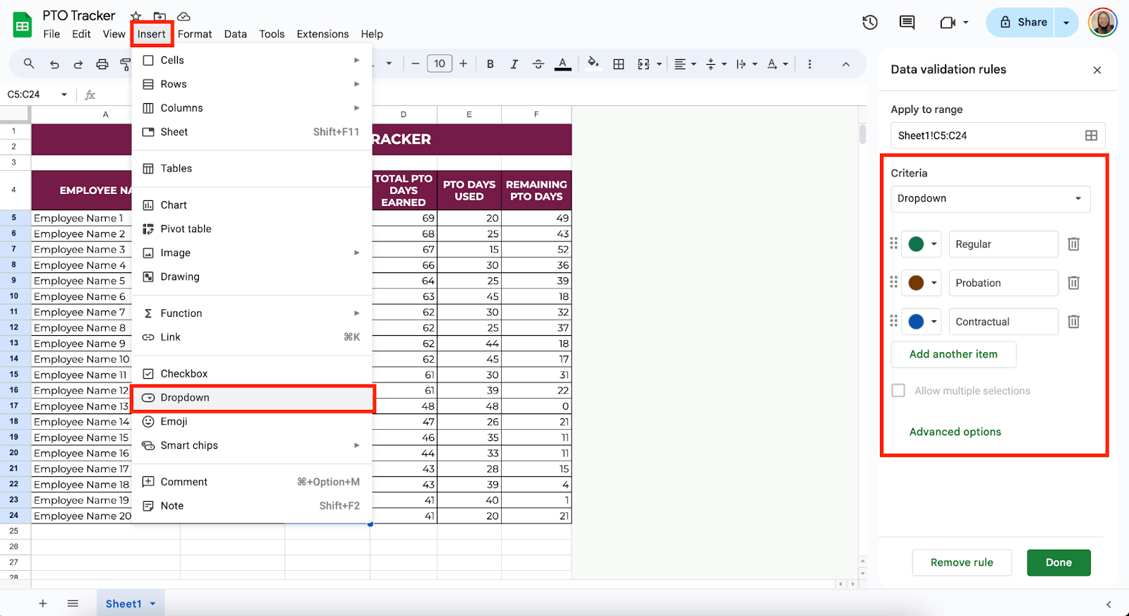 Add a Dropdown Menu for Recurring Information