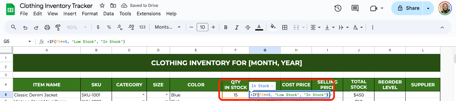 Highlight Low Stock with Conditional Formatting