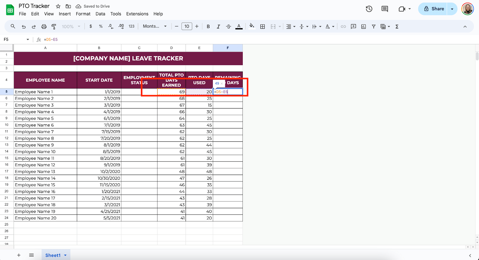 Calculate the Remaining PTO