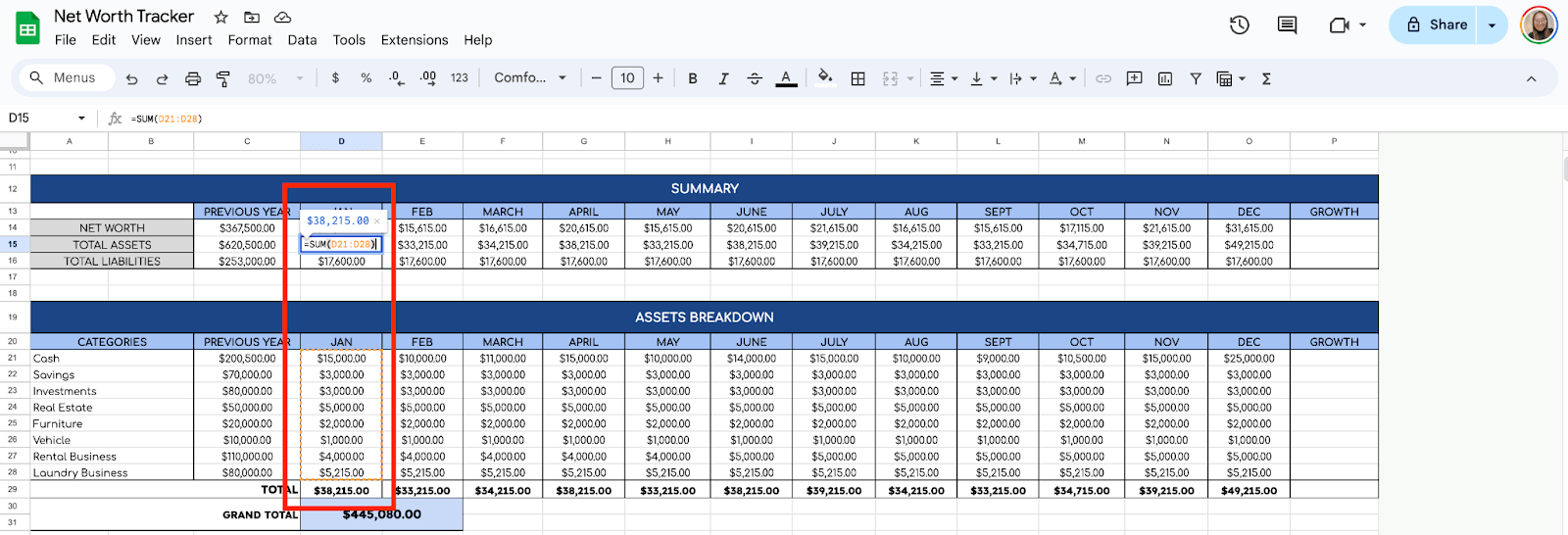 Total Assets and Total Liabilities field