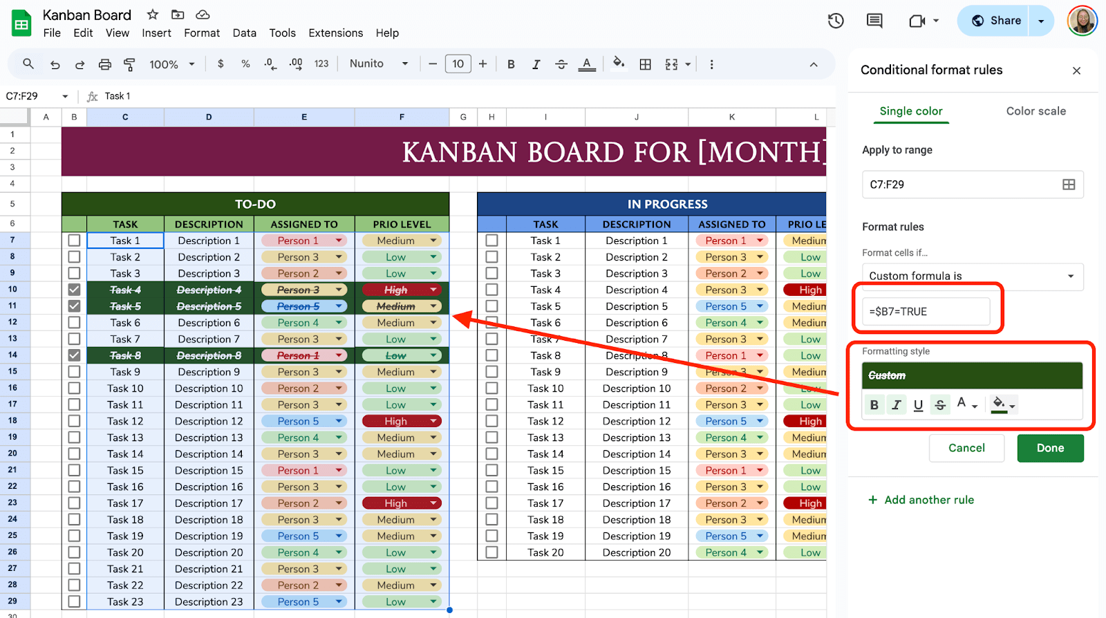 conditional formatting for the checkboxes