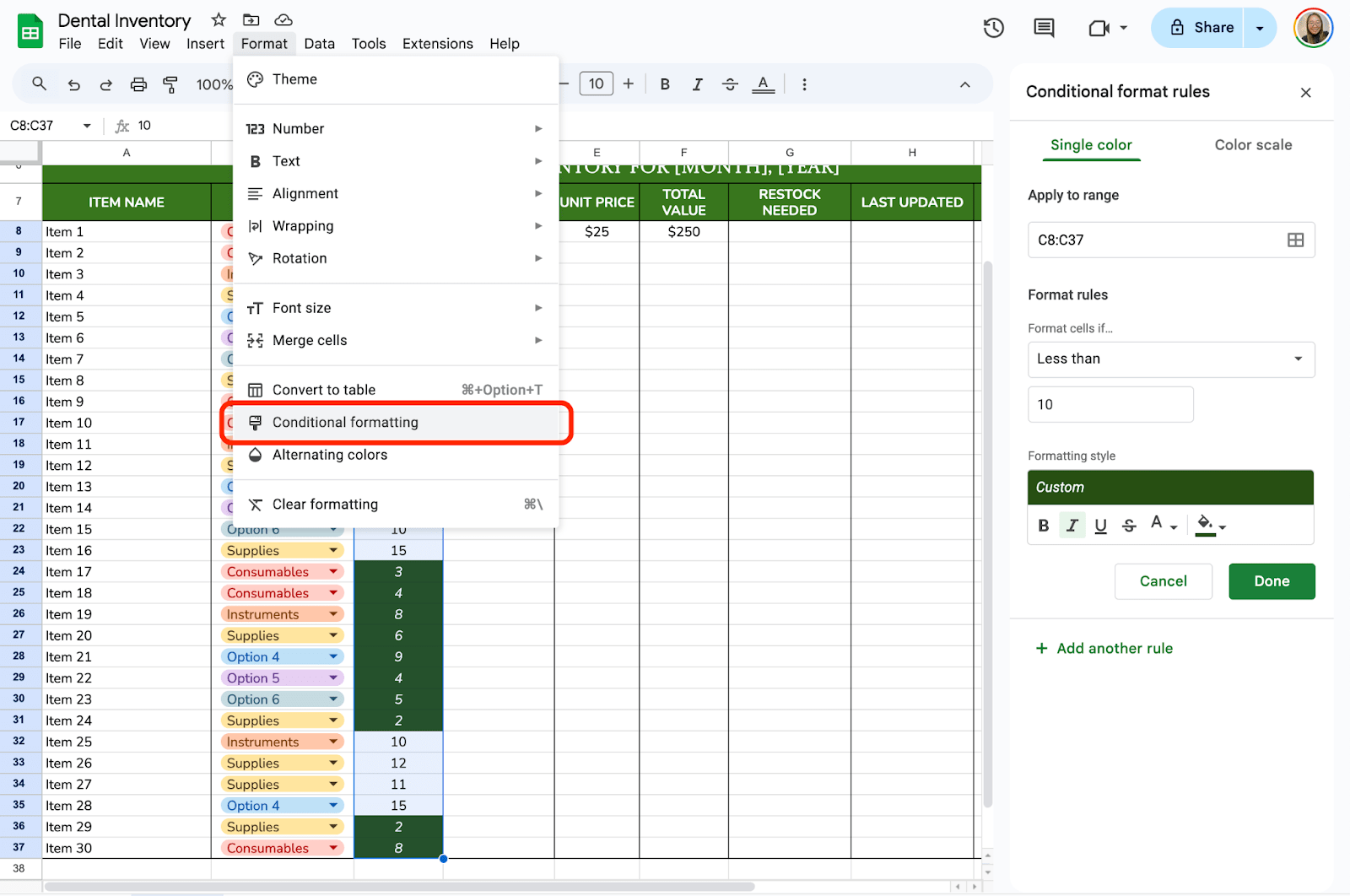Add Conditional Formatting for Stock Levels