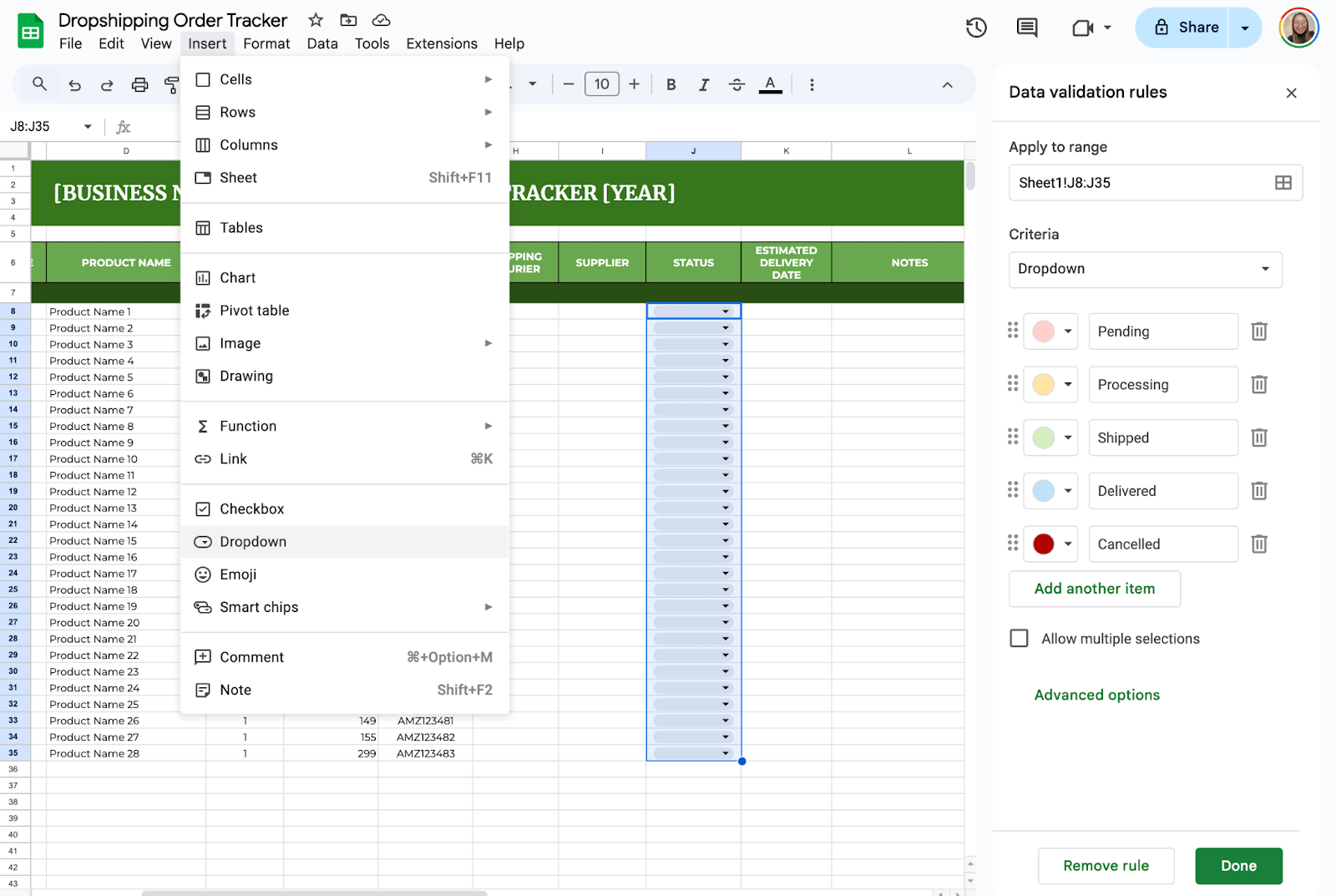 Add Data Validation for Order Status