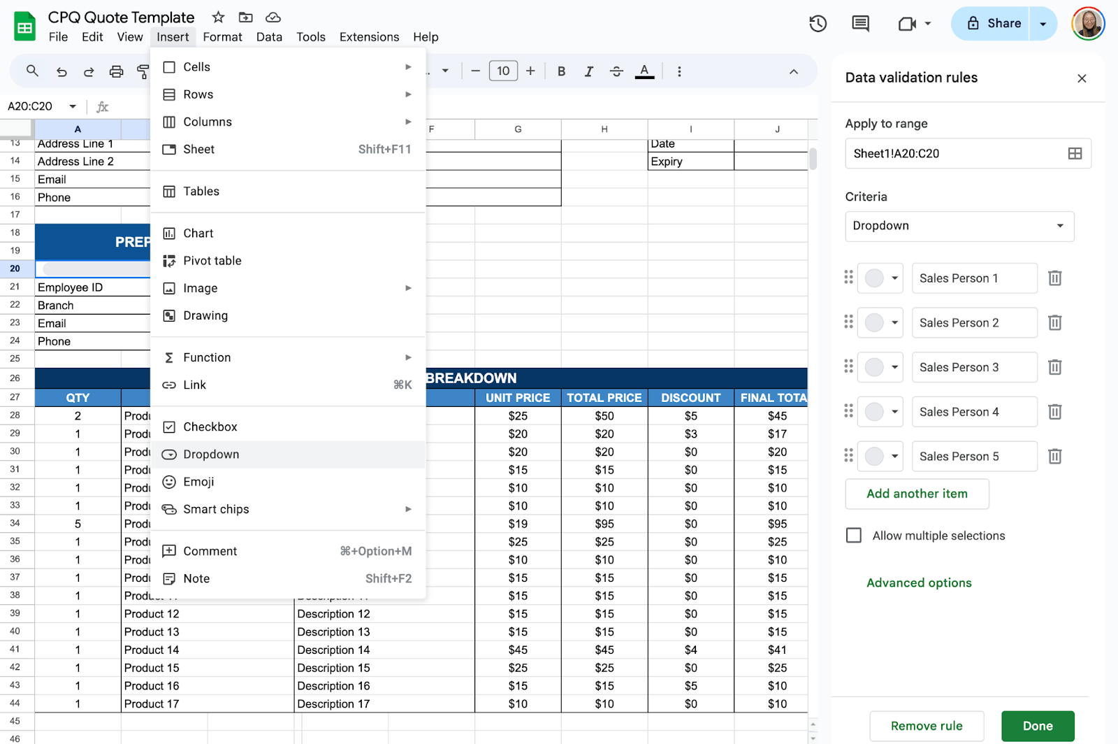 Include Drop-Down Lists for Easy Selection
