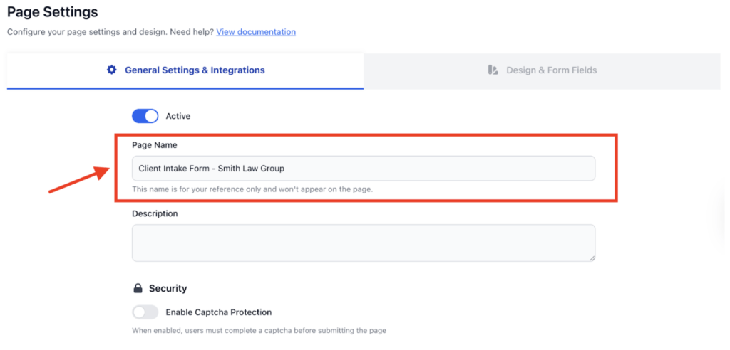 FileDrop page settings with Page Name field highlighted.