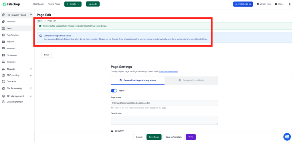 FileDrop alert to complete Google Drive integration