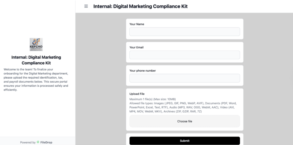 Live FileDrop upload page with custom branding and fields.