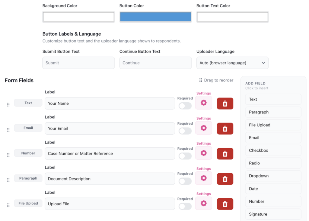 FileDrop form builder showing input field customization.