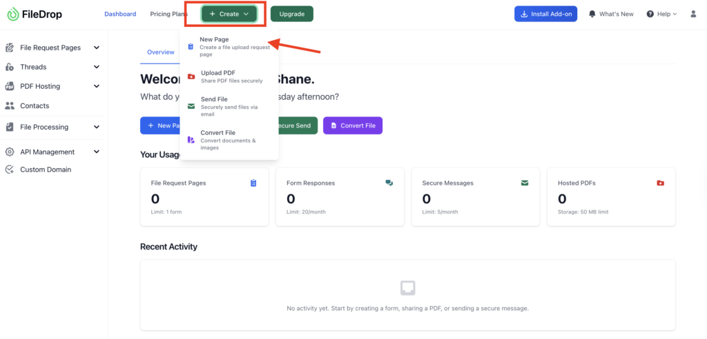 FileDrop Create menu with New Page option highlighted.