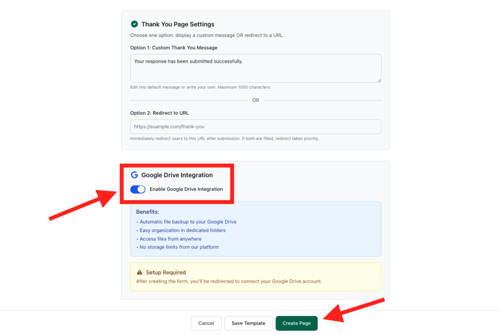 Enabling Google Drive integration in FileDrop settings.