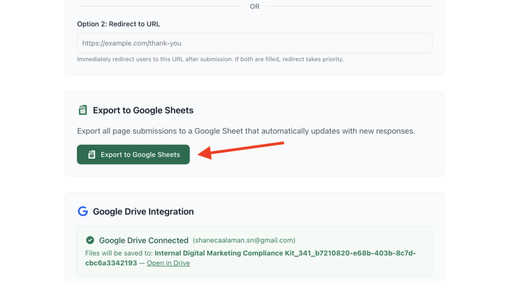 FileDrop button to export form data to Google Sheets.
