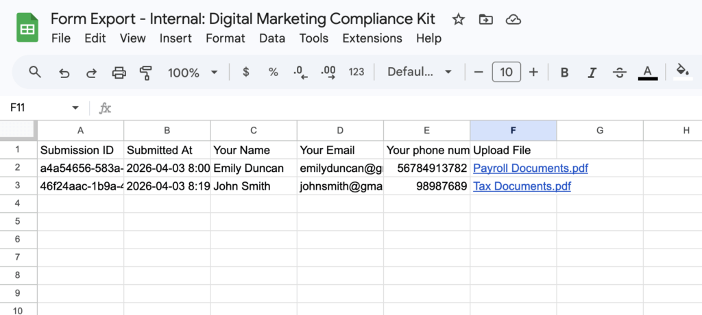 Google Sheets view of exported FileDrop form data.