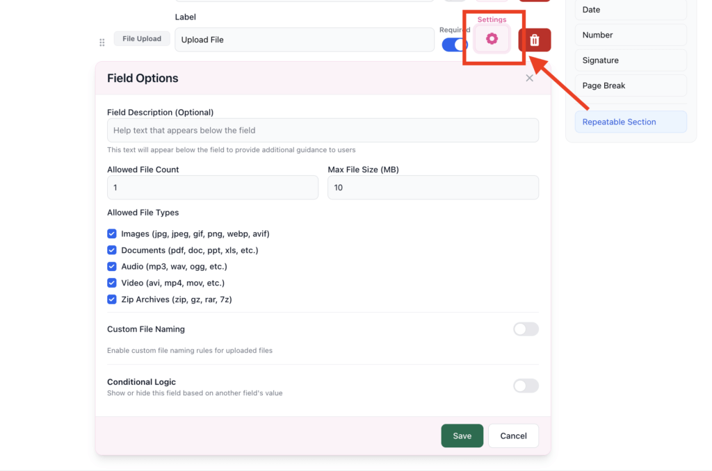 FileDrop field options for file type and size limits.