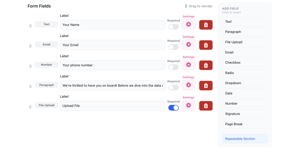 FileDrop form builder for custom fields and file uploads.