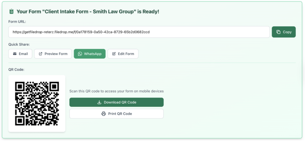 FileDrop form ready screen with share URL and QR code.