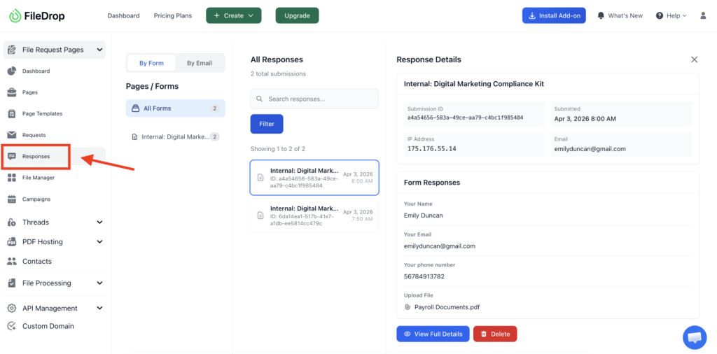FileDrop dashboard showing individual form responses