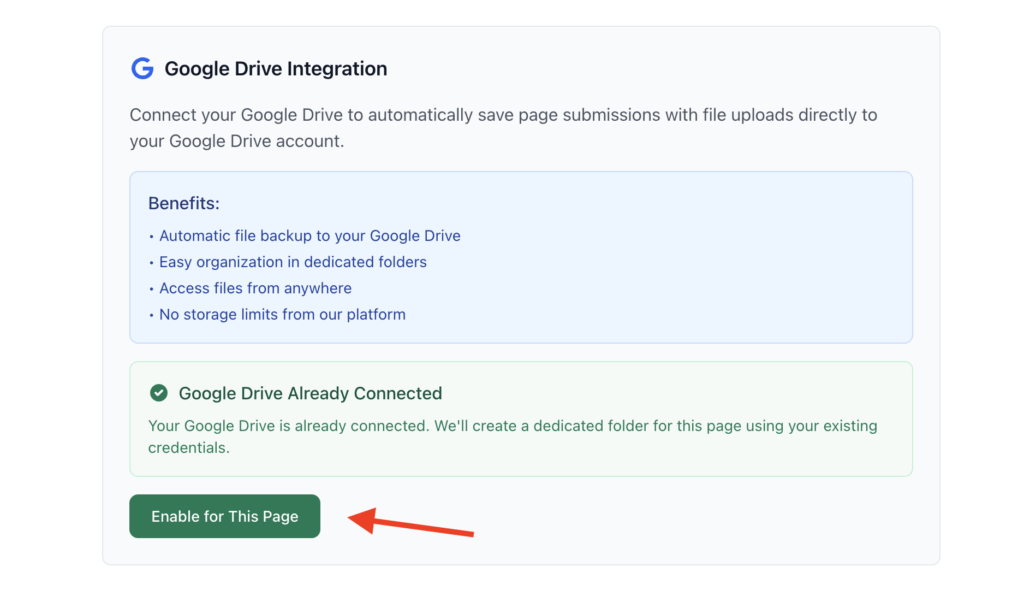 FileDrop button to enable Google Drive for a specific page.