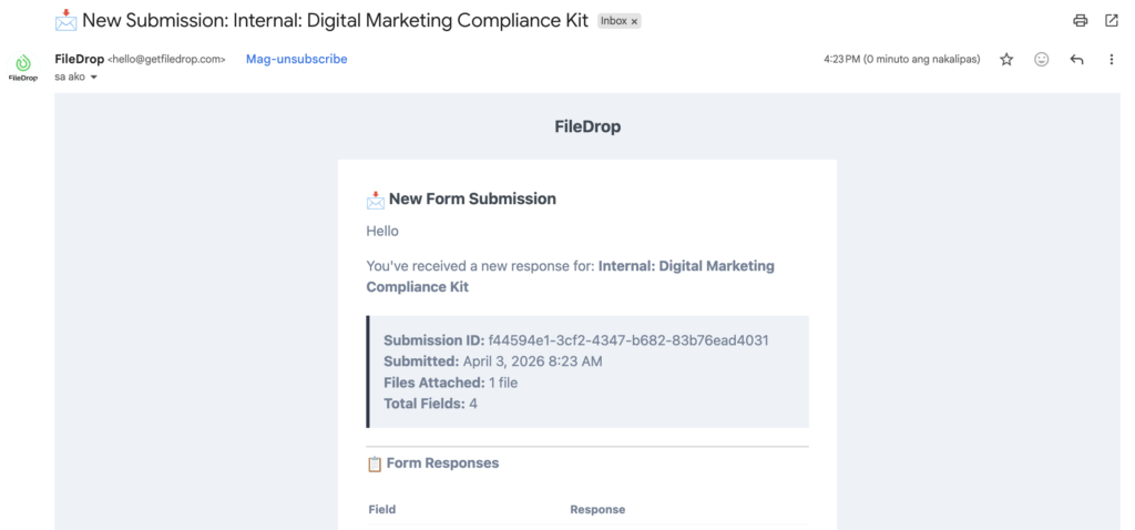 FileDrop email alert for a new form submission.