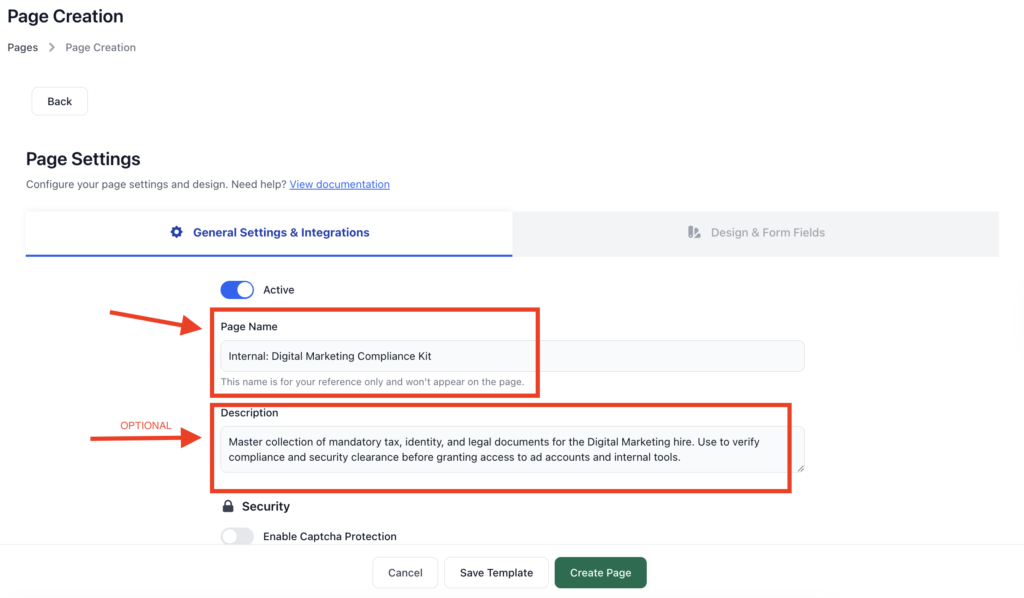 FileDrop Page Settings for page name and description.