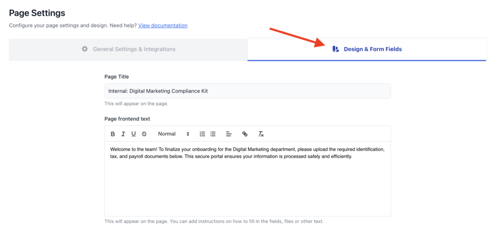 FileDrop Design & Form Fields tab with page text editor.