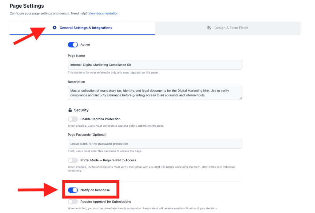 FileDrop settings for Notify on Response email alerts.