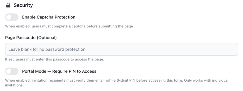FileDrop security settings for captcha, passcode, and PIN.