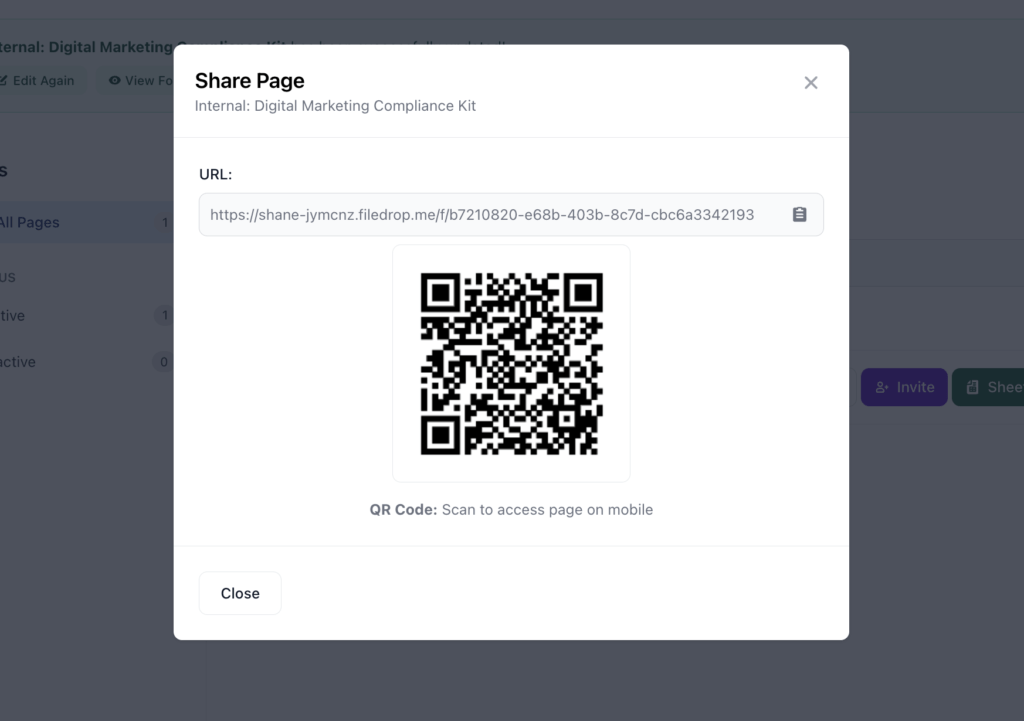 FileDrop share modal with page URL and QR code