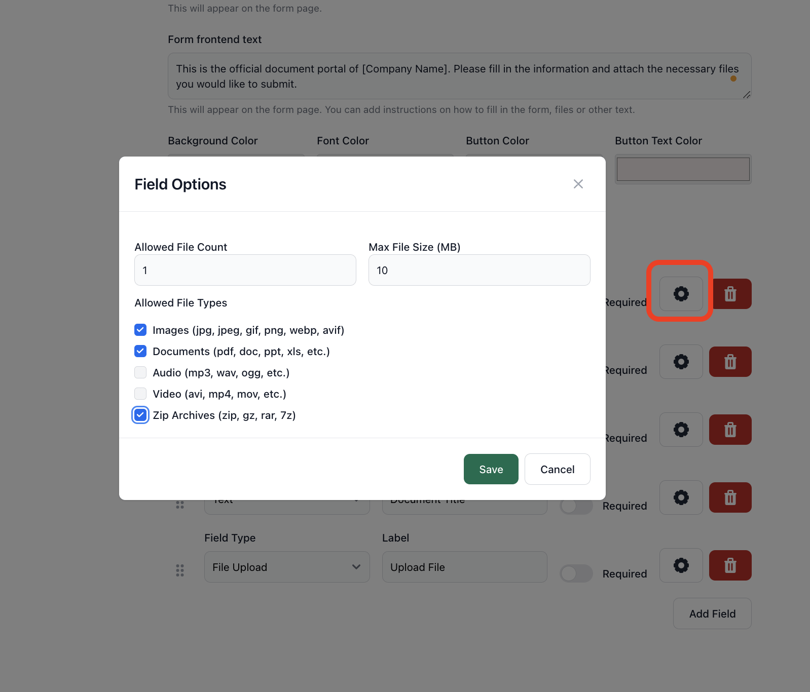 specify what type of files are allowed 
