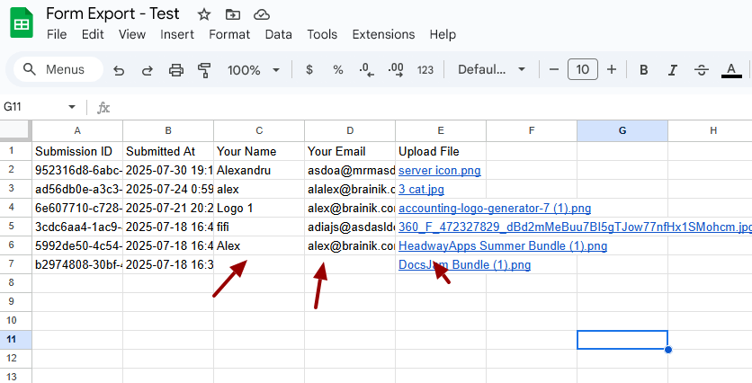 Form Export Test Google Sheets1