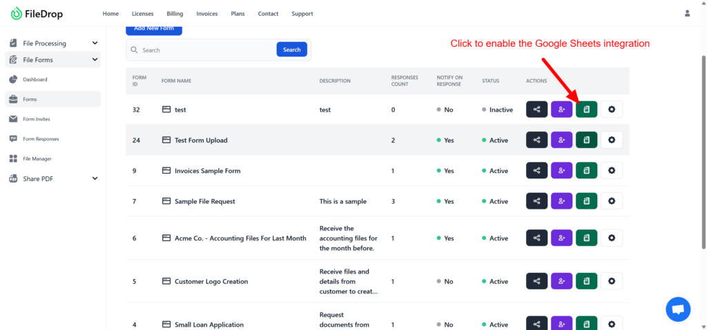 Forms FileDrop Google Sheets integration
