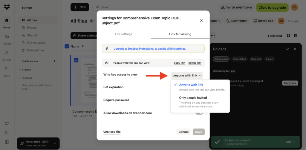 Dropbox PDF Upload Sharing Settings Dropbox sharing settings menu showing access level options.