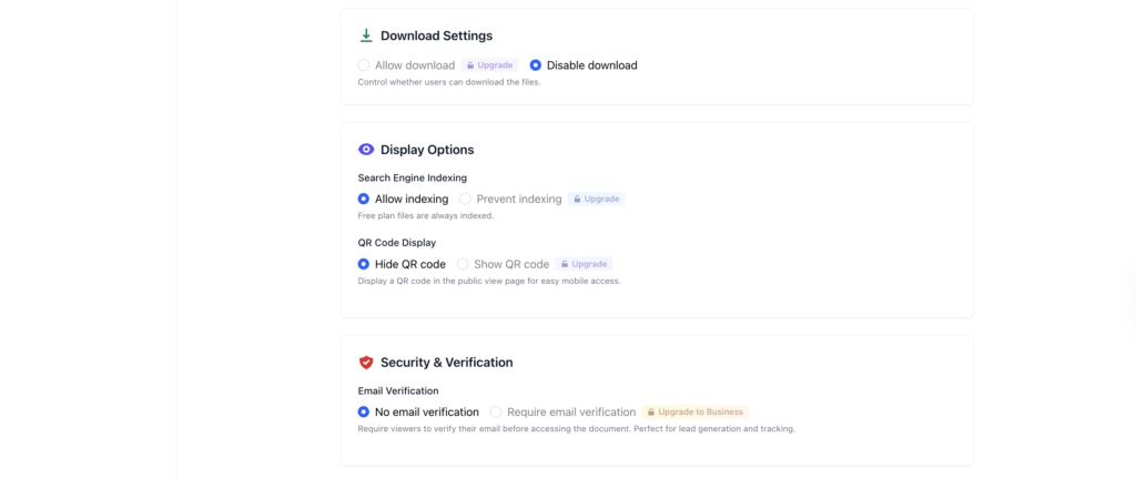 FileDrop PDF Upload Download Setting FileDrop download, indexing, and QR code display options.