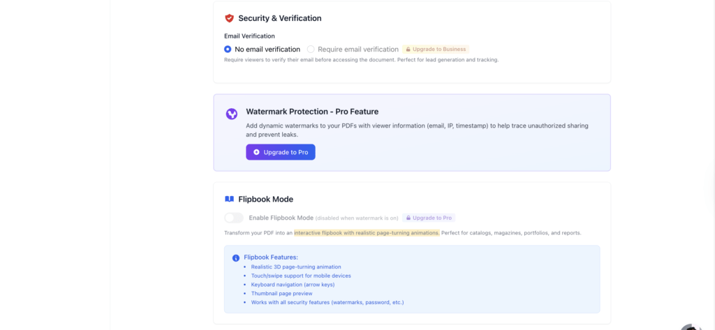 FileDrop PDF Upload Security Verification Setting FileDrop security, watermark, and flipbook mode settings.
