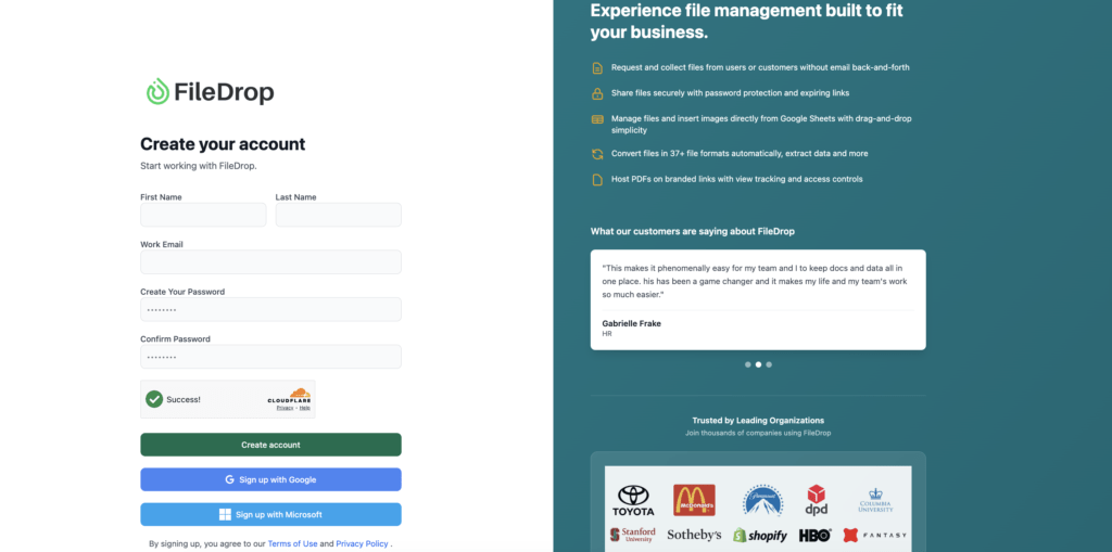 FileDrop Sign up page FileDrop sign up page
