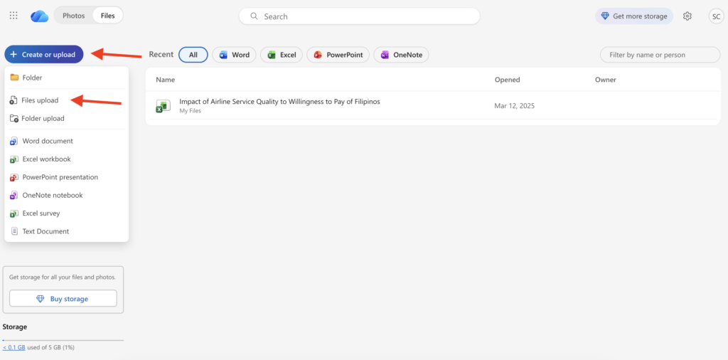 OneDrive PDF Upload OneDrive menu showing the Create or upload file option.