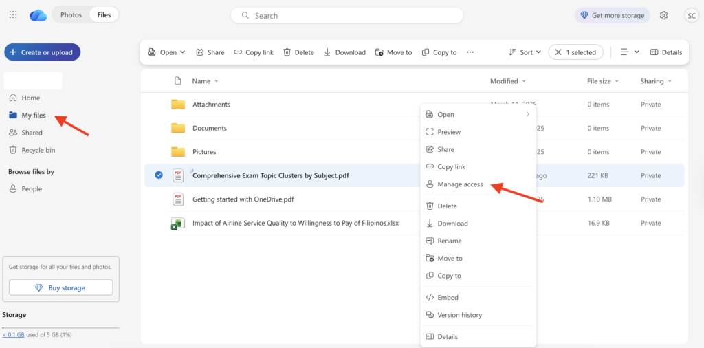 OneDrive PDF Upload Access Manage OneDrive file menu highlighting the Manage access option.