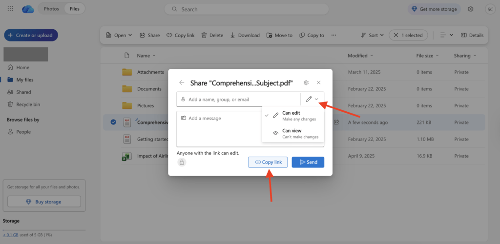 OneDrive PDF Upload Link Management OneDrive manage access menu highlighting the Links option.