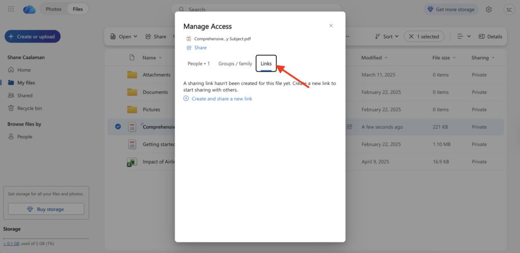 OneDrive PDF Upload Link Settings OneDrive manage access menu highlighting the Links option.