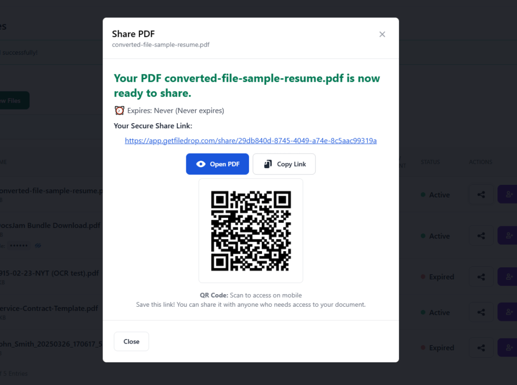 Uploaded Files Share Resume Link