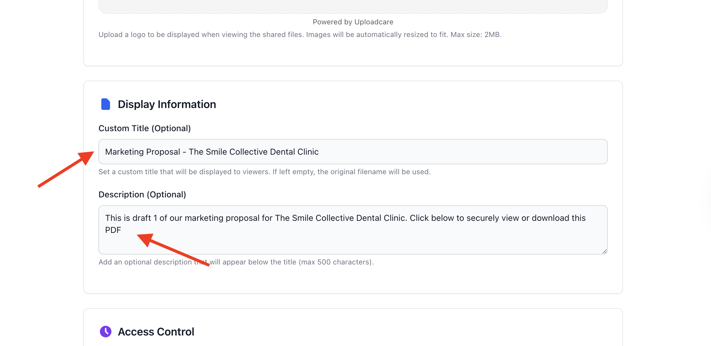 filedrop edit pdf display information title description FileDrop display information fields for title and description.