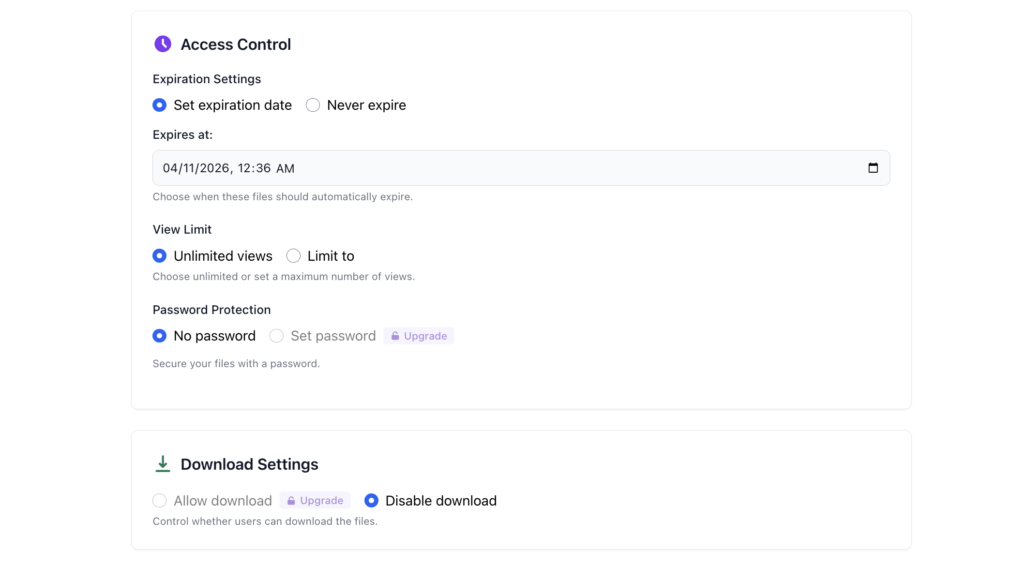 filedrop pdf access control expiration password settings FileDrop access control settings for PDF expiration and security.