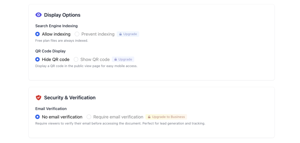 filedrop pdf display options seo indexing email verification FileDrop settings for search engine indexing and email verification.