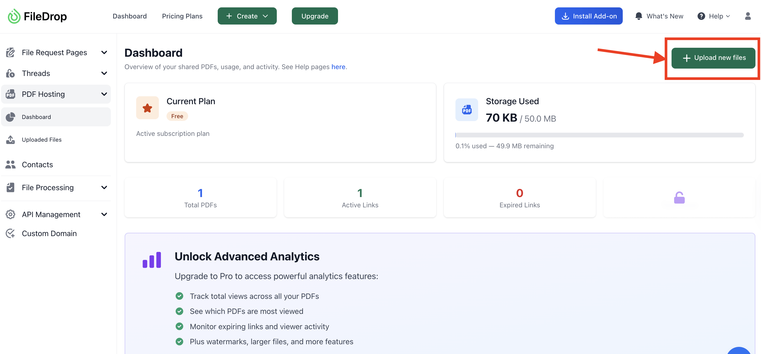 filedrop pdf hosting dashboard upload FileDrop dashboard with Upload new files button highlighted.