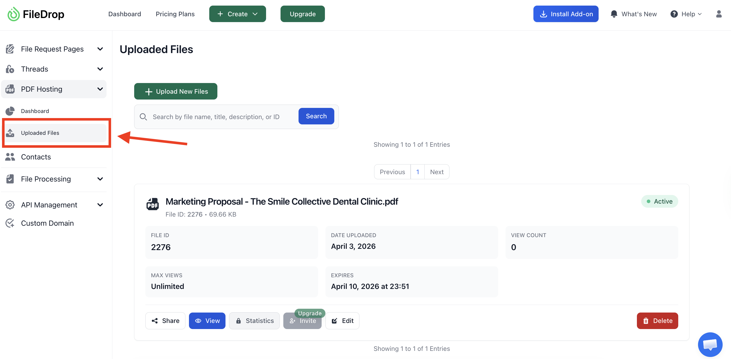 filedrop pdf hosting uploaded files management FileDrop dashboard showing uploaded PDF file management.
